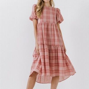 English Factory Puff Sleeve Plaid Midi Dress Pink